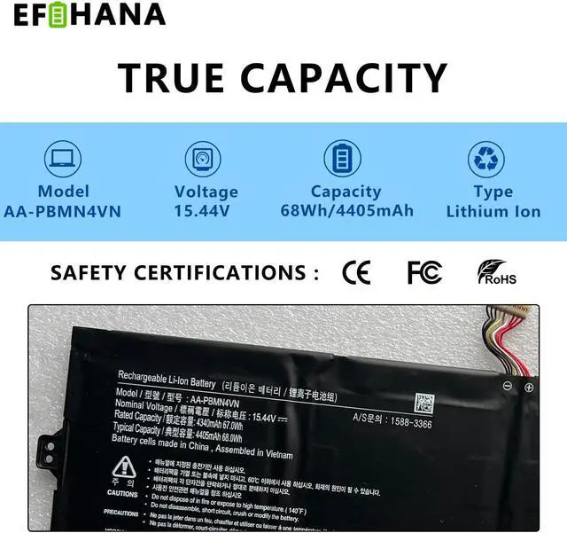 Alt view image 2 of 5 - EFOHANA AA-PBMN4VN Laptop Battery Replacement for Samsung Galaxy Book Pro 360 15 NP950QDB-KB1US 360 15 NP950QDB-KA1HK 15.44V 68Wh 4405mAh