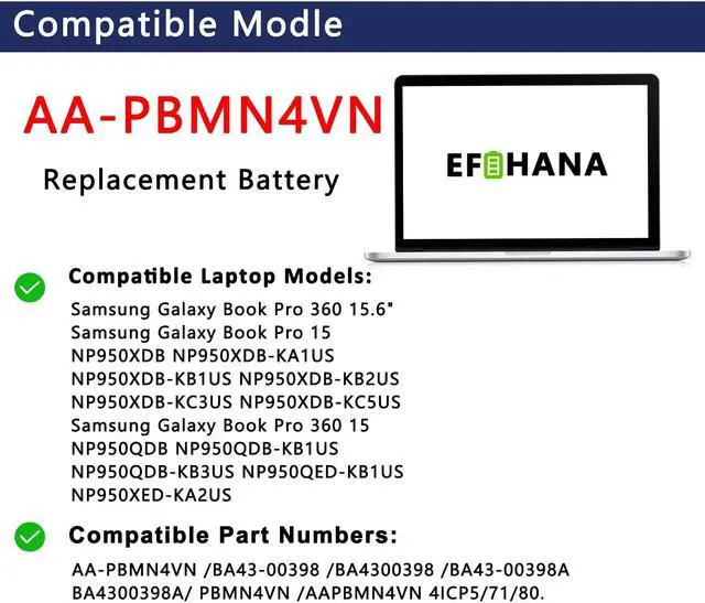 Alt view image 3 of 5 - EFOHANA AA-PBMN4VN Laptop Battery Replacement for Samsung Galaxy Book Pro 360 15 NP950QDB-KB1US 360 15 NP950QDB-KA1HK 15.44V 68Wh 4405mAh