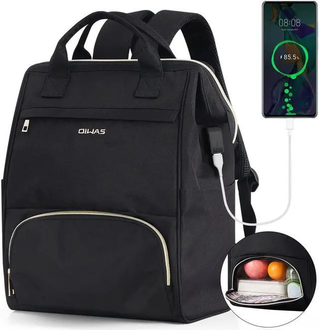 Main image of OIWAS Lunch Backpack for Women and Men, 15.6 inch Laptop Backpack with Insulated Compartment, Work Backpack with USB Port, Lunch Bag Suitable for Travel Work Picnics Hiking, Black