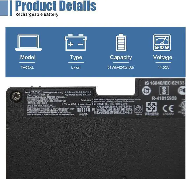 Alt view image 2 of 5 - VANPIR TA03XL CS03XL 854047-1C1 854047-421 854108-850 Battery for HP EliteBook 745 755 745 840 848 850 G4, for hp ZBook 14U 15U G4 Notebook HSTNN-LB7J HSTNN-IB7L 996QA101H HSTNN-172C-4 HSTNN-175C-5