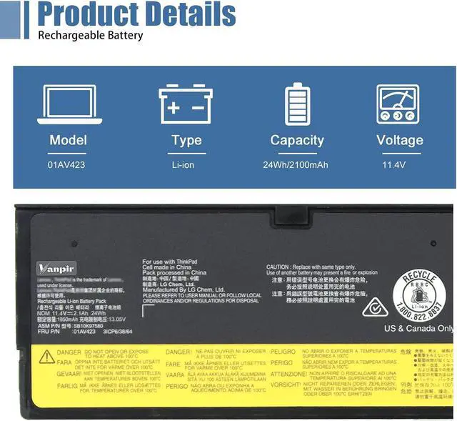 Alt view image 2 of 5 - VANPIR 61 01AV423 T470 T480 Laptop Battery Replacement for Lenovo ThinkPad A475 T570 T580 P51S P52S TP25 Battery 4X50M08810 01AV422 01AV424 01AV452 SB10K97579 SB10K97580 11.4V 24Wh 2100mAh