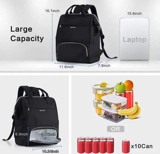 Alt view image 2 of 5 - OIWAS Lunch Backpack for Women and Men, 15.6 inch Laptop Backpack with Insulated Compartment, Work Backpack with USB Port, Lunch Bag Suitable for Travel Work Picnics Hiking, Black