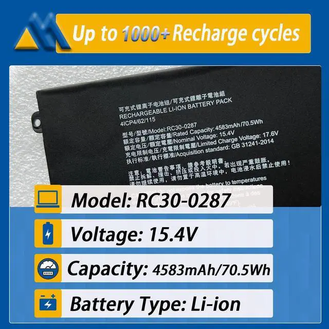Alt view image 2 of 5 - RC30-0287 Laptop Battery Replacement for Razer Blade Pro 17 2019 2020 RZ09-0287 RZ09-02876 RZ09-02877 RZ09-02878 RZ09-03295 RZ09-03297 RZ09-02876E92-R3U1Series 4ICP4/62/115[(15.4V 70.5Wh 4583mAh)]