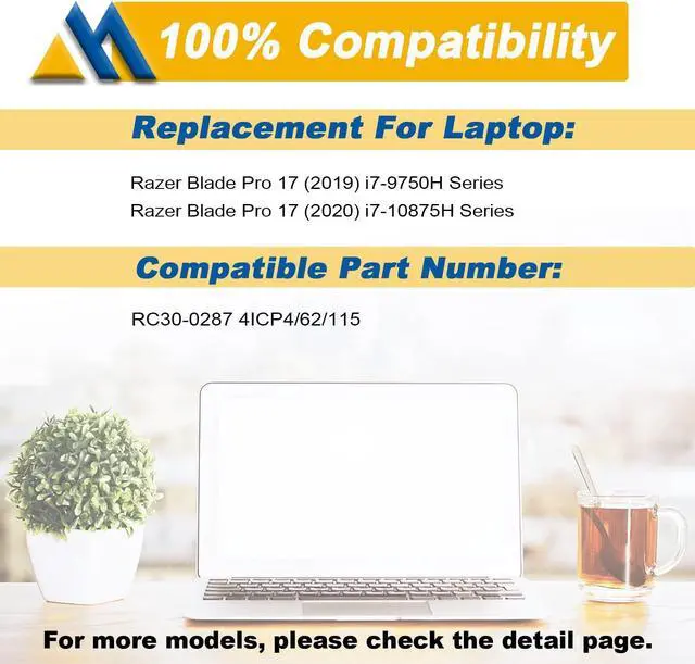 Alt view image 5 of 5 - RC30-0287 Laptop Battery Replacement for Razer Blade Pro 17 2019 2020 RZ09-0287 RZ09-02876 RZ09-02877 RZ09-02878 RZ09-03295 RZ09-03297 RZ09-02876E92-R3U1Series 4ICP4/62/115[(15.4V 70.5Wh 4583mAh)]