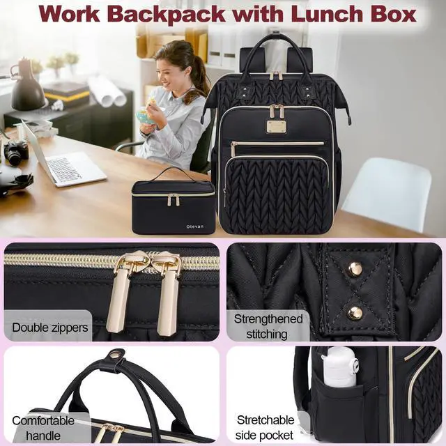 Alt view image 4 of 5 - Otevan Lunch Backpack for Women,Work Backpack for Women, 15.6 inch Laptop Backpack with Lunch Bag,Teacher Nurse Insulated Lunchbox Backpack for Women