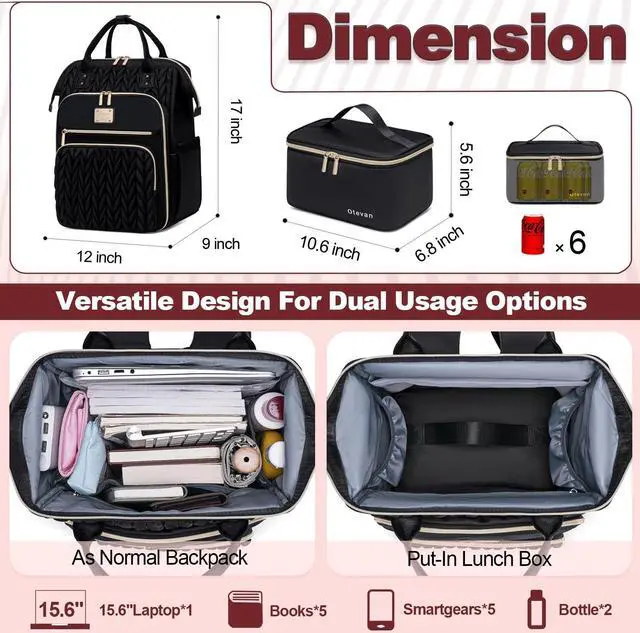 Alt view image 5 of 5 - Otevan Lunch Backpack for Women,Work Backpack for Women, 15.6 inch Laptop Backpack with Lunch Bag,Teacher Nurse Insulated Lunchbox Backpack for Women