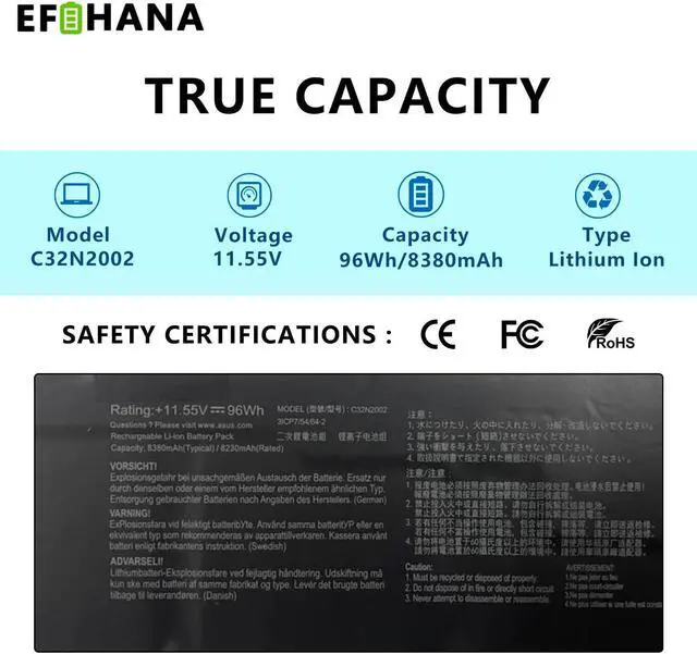 Alt view image 4 of 5 - EFOHANA C32N2002 Laptop Battery Replacement for ASUS ZenBook Flip 15 UX535LI, UX564EH, UX564EH-EZ004T, ZenBook Pro 15 UX535 UX535L Series 0B200-03770000 11.55V 96Wh 8230mAh