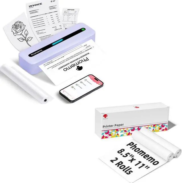 Main image of Phomemo M832 Portable Thermal Printer Purple & 2 Rolls Thermal Printer Paper 8.5 x 11 Inch US Letter