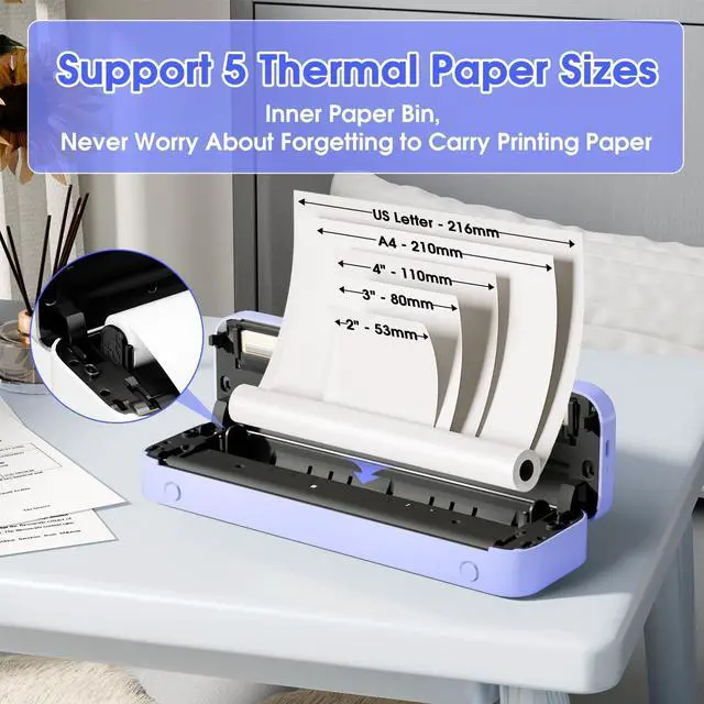 Alt view image 3 of 5 - Phomemo M832 Portable Thermal Printer Purple & 2 Rolls Thermal Printer Paper 8.5 x 11 Inch US Letter
