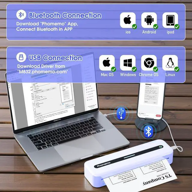 Alt view image 5 of 5 - Phomemo M832 Portable Thermal Printer Purple & 2 Rolls Thermal Printer Paper 8.5 x 11 Inch US Letter