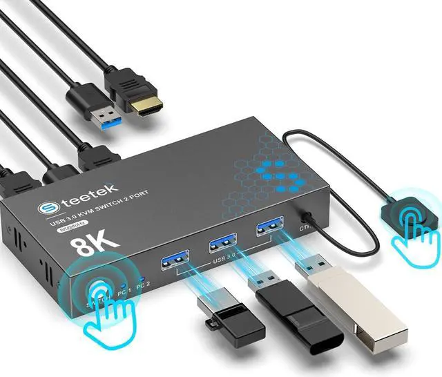 Main image of USB 3.0 HDMI KVM Switch 1 Monitor 2 Computers, 8K@60Hz KVM Switches for 2 Computers Sharing Monitor Keyboard Mouse Hard Drives Printer,with EDID Adaptive,2*USB Cable and Controller.