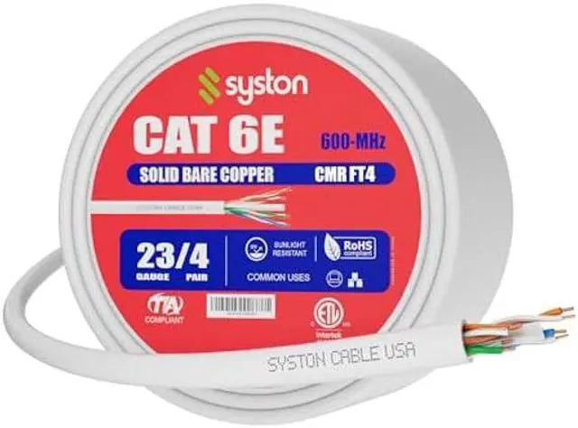 Alt view image 2 of 5 - Cat 6E Ethernet Network Cable - 1000 FT, 600MHz 23AWG Solid Bare Copper Wire Outdoor/Indoor, Bulk No Ends 10 Ft to 1000 Ft Available, Heat Resistant Riser Rated - CMR