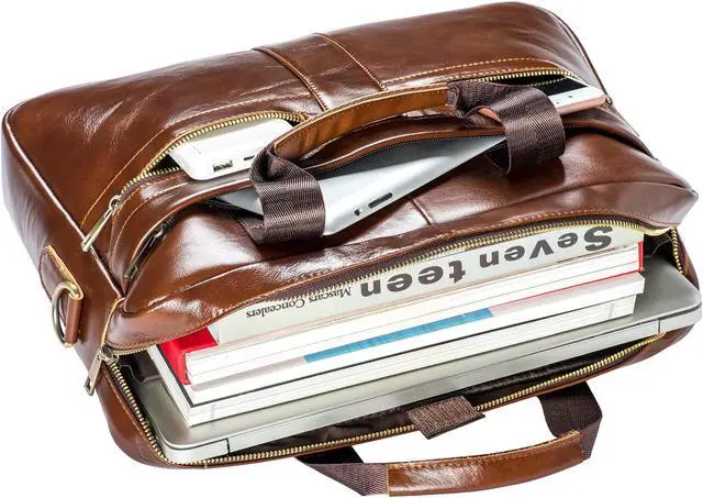 Alt view image 5 of 5 - POKOFO Genuine Leather Briefcase Laptop Messenger Bag for Men with Padded Protection Fits 14 Inch Laptop