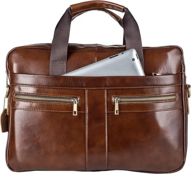 Alt view image 4 of 5 - POKOFO Genuine Leather Briefcase Laptop Messenger Bag for Men with Padded Protection Fits 14 Inch Laptop