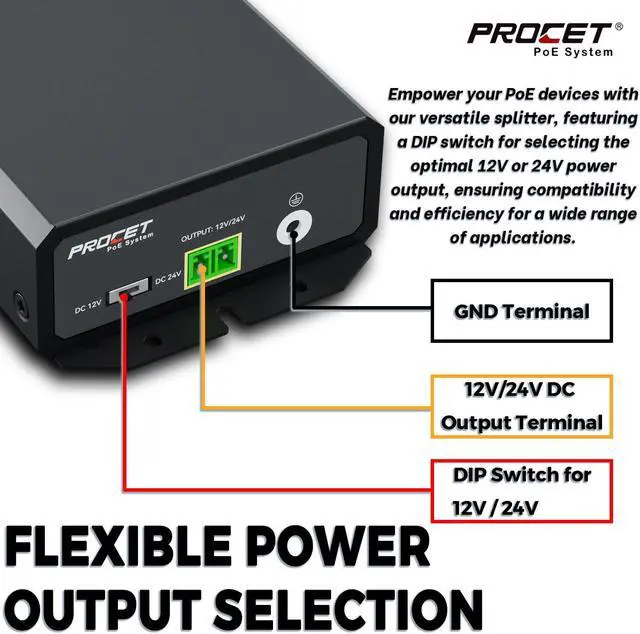 Alt view image 2 of 5 - PROCET Gigabit PoE Splitter 12V/24V DC 25W, IEEE802.3af/at/PoE+ Compliant PoE+ Power Adapter, IP40, Work Temp -40°F to 149°F, 6KV Surge Protection, for Non-PoE terminals, PT-PD208GT