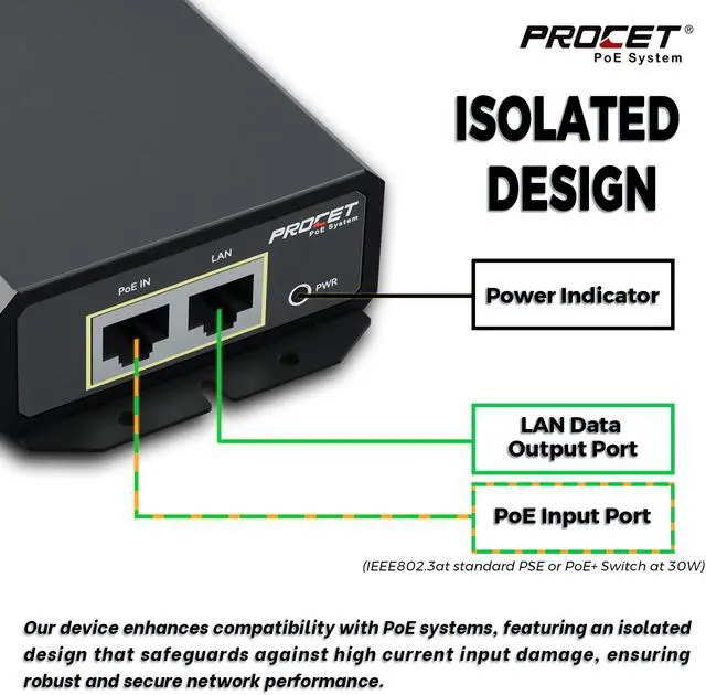 Alt view image 3 of 5 - PROCET Gigabit PoE Splitter 12V/24V DC 25W, IEEE802.3af/at/PoE+ Compliant PoE+ Power Adapter, IP40, Work Temp -40°F to 149°F, 6KV Surge Protection, for Non-PoE terminals, PT-PD208GT