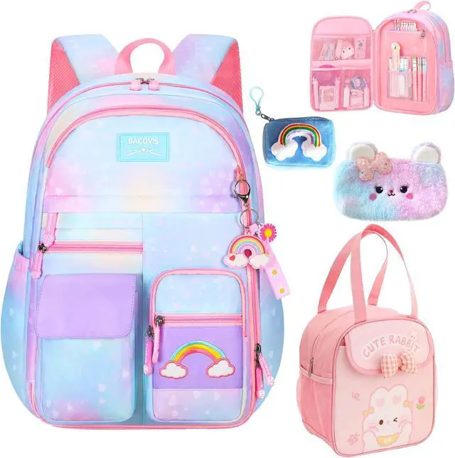 Main image of Psecoll 5Pcs Kawaii Backpack Set for Girls, Teens Bookbag Rainbow Laptop Bag Lightweight Daypack, Large Capacity School Backpack Kids Gradient Double Shoulder Backpack (Blue)
