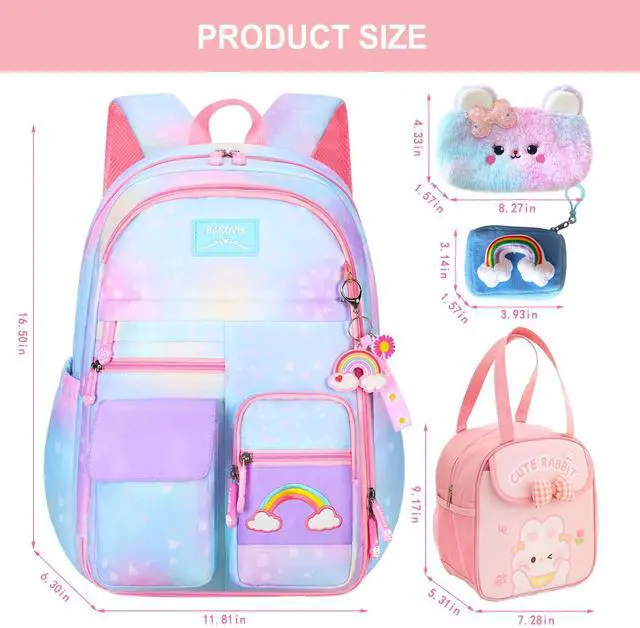 Alt view image 3 of 5 - Psecoll 5Pcs Kawaii Backpack Set for Girls, Teens Bookbag Rainbow Laptop Bag Lightweight Daypack, Large Capacity School Backpack Kids Gradient Double Shoulder Backpack (Blue)