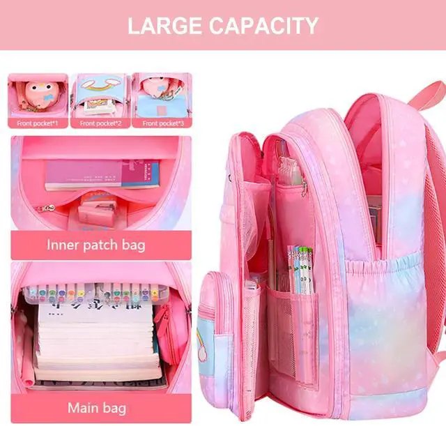 Alt view image 4 of 5 - Psecoll 5Pcs Kawaii Backpack Set for Girls, Teens Bookbag Rainbow Laptop Bag Lightweight Daypack, Large Capacity School Backpack Kids Gradient Double Shoulder Backpack (Blue)