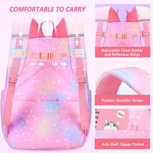 Alt view image 5 of 5 - Psecoll 5Pcs Kawaii Backpack Set for Girls, Teens Bookbag Rainbow Laptop Bag Lightweight Daypack, Large Capacity School Backpack Kids Gradient Double Shoulder Backpack (Blue)