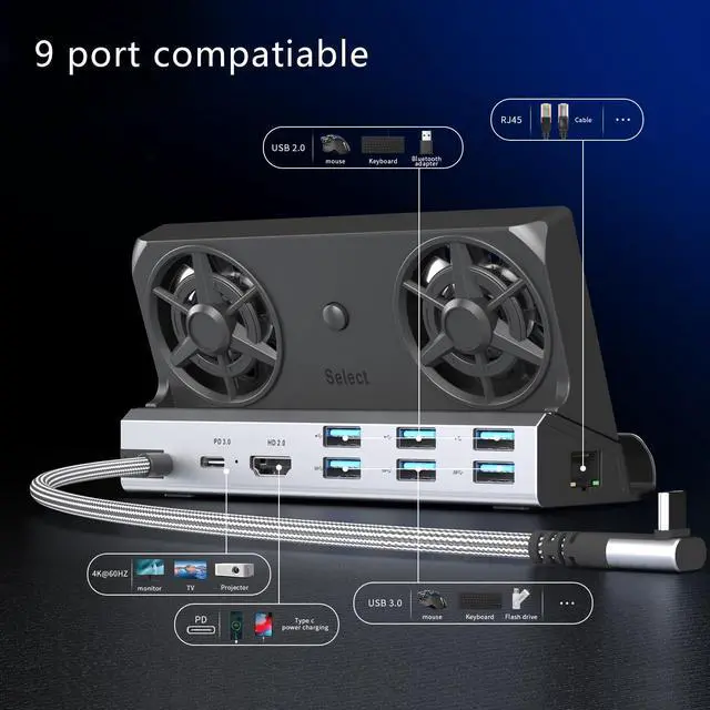 Alt view image 3 of 5 - Dual Cooling Fans 12 in 1 Steam Deck Docking Station with 4K@60Hz 2.0,6 USB Ports,1000Mbps,USB-C 100W PD,40Gbps Adapter for Steam Deck/Rog Ally/Switch/Legion Go