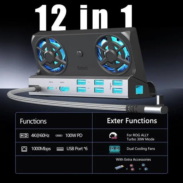 Alt view image 2 of 5 - Dual Cooling Fans 12 in 1 Steam Deck Docking Station with 4K@60Hz 2.0,6 USB Ports,1000Mbps,USB-C 100W PD,40Gbps Adapter for Steam Deck/Rog Ally/Switch/Legion Go