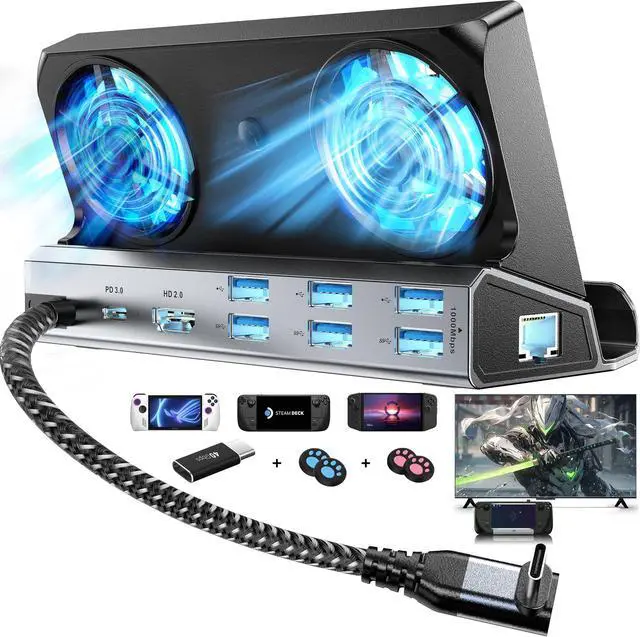 Main image of Dual Cooling Fans 12 in 1 Steam Deck Docking Station with 4K@60Hz 2.0,6 USB Ports,1000Mbps,USB-C 100W PD,40Gbps Adapter for Steam Deck/Rog Ally/Switch/Legion Go
