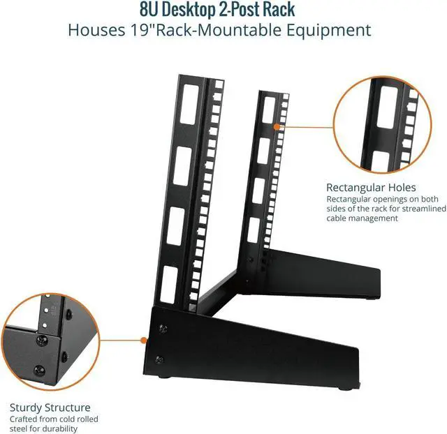 Alt view image 4 of 5 - Tecmojo 2 Post 8U Desktop Sever Rack Small Open Frame Rack for 19 inch AV/Data/Audio/Studio Equipment Free Standing Home/Office Rack,Tapped Hole, Black