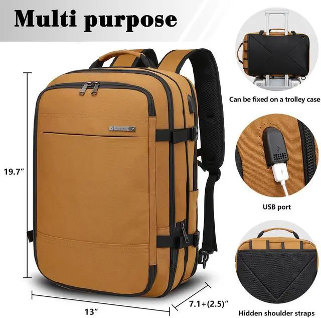 Alt view image 5 of 5 - TUGUAN Travel Laptop Backpack 40L Large Computer Backpack 17 Inch with USB Charging Port for Men Expandable Backpacks Women, Brown - Suitable for Travel