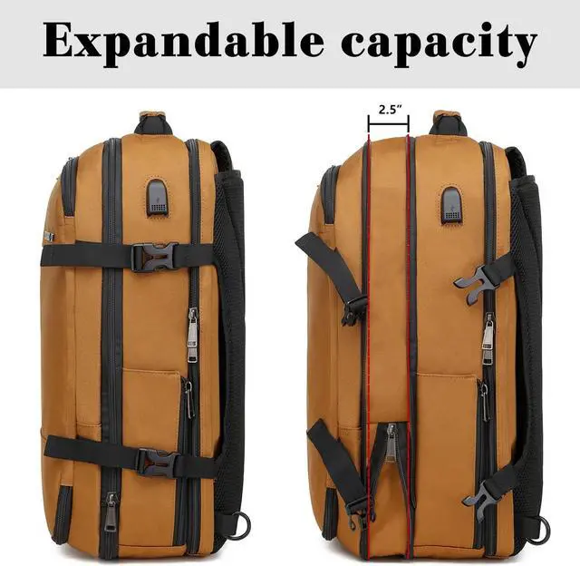 Alt view image 3 of 5 - TUGUAN Travel Laptop Backpack 40L Large Computer Backpack 17 Inch with USB Charging Port for Men Expandable Backpacks Women, Brown - Suitable for Travel