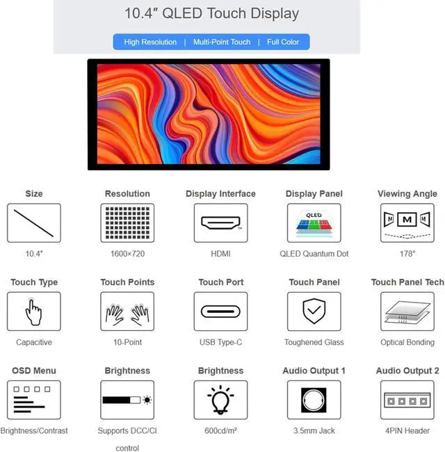 Alt view image 2 of 5 - 10.4inch QLED Touch Screen 1600x720 Pixels Capacitive Touch LCD Monitor Quantum Dot Display High Brightness HDMI Interface, Compatible with Raspberry Pi 5/4B/3B+/3B/Pi Zero W/Zero 2W/Jetson Nano/PC