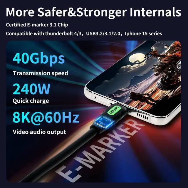 Alt view image 2 of 5 - UAYXILI USB 4 Cable Set Compatible with Thunderbolt 4/3 Cable,Support 240W Fast Charging Cable,40Gbps Data Transfer, 8K60hz Video,Thunderbolt 4 Cable for iPhone 15,Docking,Latop,SSD,Hub