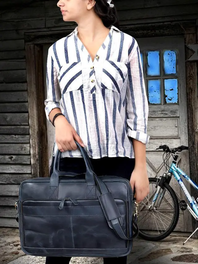 Alt view image 4 of 5 - Vintage Handmade Leather Travel Messenger Office Crossbody Bag Laptop Briefcase Computer College Satchel Bag (16" Blue)