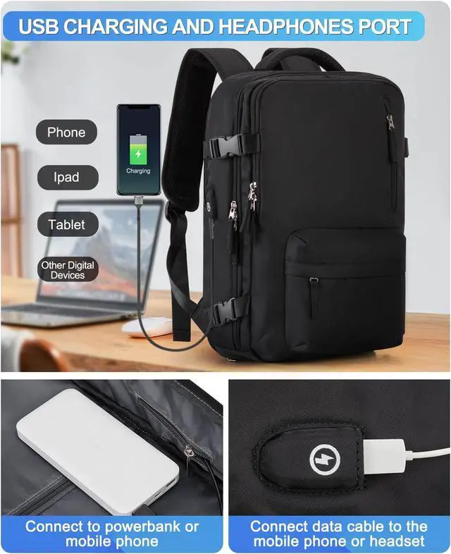 Alt view image 4 of 5 - VGCUB Large Travel Backpack Bag for Women Men,Carry on Backpack,17 Inch Laptop Business Work Waterproof Backpack with Laptop Compartment,Person Item Flight Approved,Mochila de Viaje,Black Large