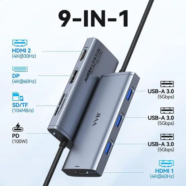 Alt view image 2 of 5 - Docking Station VVB USB C Adapter,9 in 1 Triple Display USB C Hub Multiport Adapter Dongle with 2 HDMI 4K+DisplayPort+3 USB+100W PD+SD/TF Card Reader for Dell/HP/Lenovo Laptop Type C Laptops