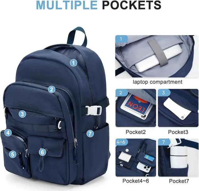 Alt view image 4 of 5 - weradar High School Backpack For Women Men,Aesthetic College Backpack With Lots of Pockets,Lightweight Middle School Bag For Teens Girls Boys,Cute Bookbag(Blue)