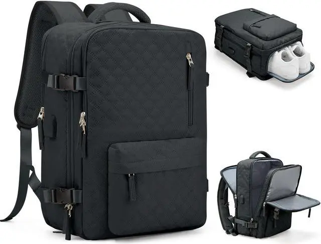 Main image of Travel Carry On Backpack for Women, Waterproof Laptop Backpack for Traveling on Airplane Hiking Gym Backpack with USB Charging Port Shoe Compartment, Black Grey