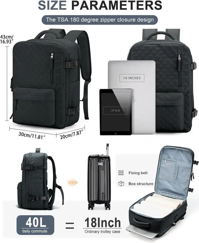Alt view image 3 of 5 - Travel Carry On Backpack for Women, Waterproof Laptop Backpack for Traveling on Airplane Hiking Gym Backpack with USB Charging Port Shoe Compartment, Black Grey