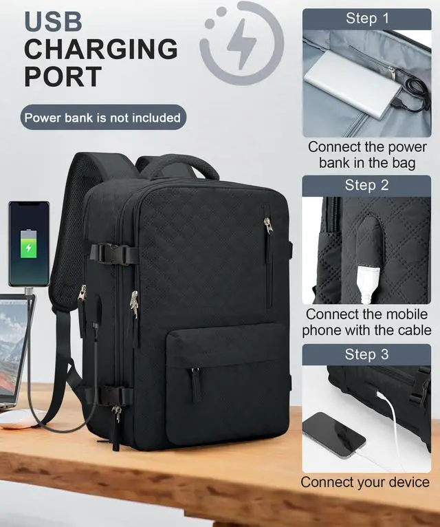 Alt view image 4 of 5 - Travel Carry On Backpack for Women, Waterproof Laptop Backpack for Traveling on Airplane Hiking Gym Backpack with USB Charging Port Shoe Compartment, Black Grey