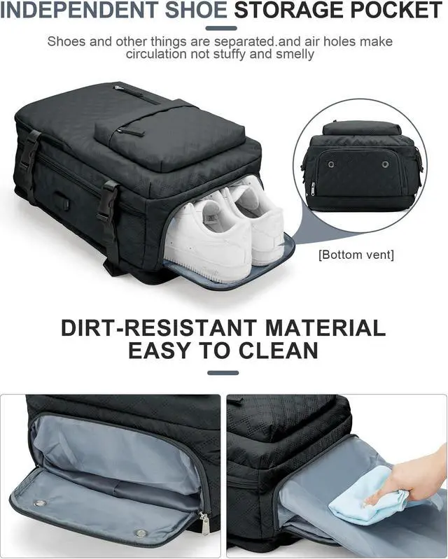 Alt view image 5 of 5 - Travel Carry On Backpack for Women, Waterproof Laptop Backpack for Traveling on Airplane Hiking Gym Backpack with USB Charging Port Shoe Compartment, Black Grey