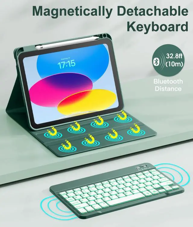Alt view image 4 of 5 - Hamile Keyboard Case for iPad 11th 10th Generation - 7 Colors Backlit Wireless Detachable Folio Keyboard Cover with Pencil Holder for iPad 11-inch A16 2025 10th Gen 10.9 Inch 2022 (Midnight Green)