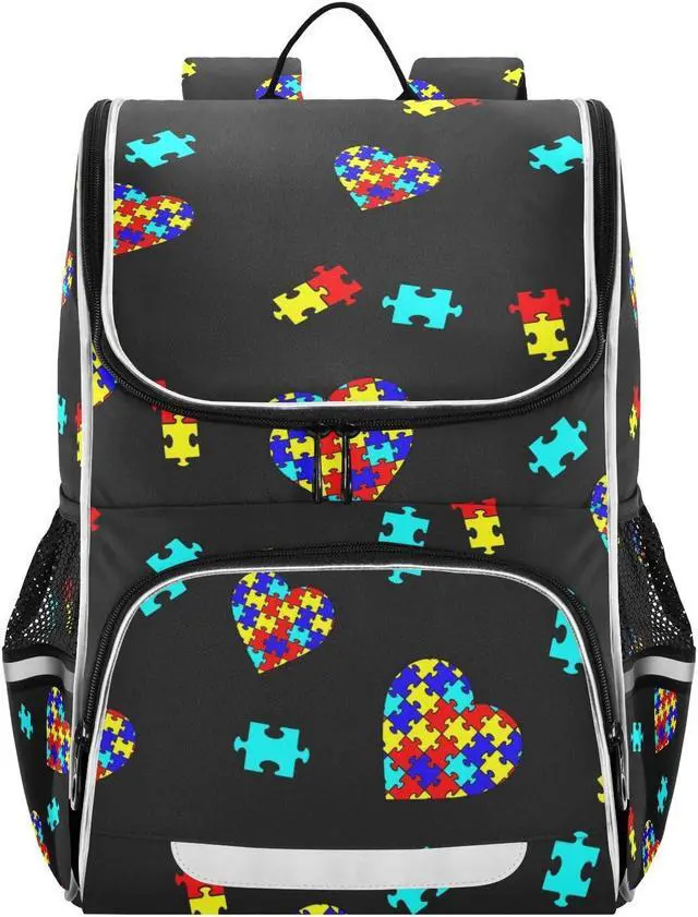 Main image of XUWU Autism Awareness Colorful Puzzle Backpack with Reflective Strip for Kids Boys Girls Elementary School Bag Removable Chest Strap