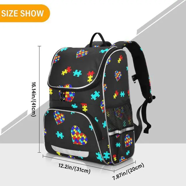 Alt view image 2 of 5 - XUWU Autism Awareness Colorful Puzzle Backpack with Reflective Strip for Kids Boys Girls Elementary School Bag Removable Chest Strap
