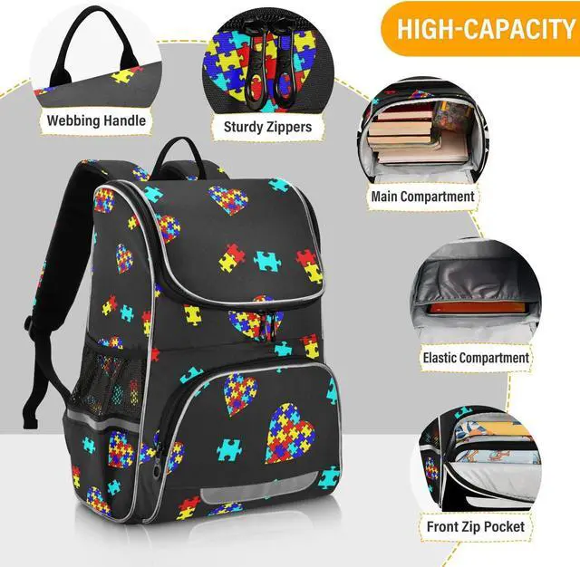 Alt view image 3 of 5 - XUWU Autism Awareness Colorful Puzzle Backpack with Reflective Strip for Kids Boys Girls Elementary School Bag Removable Chest Strap