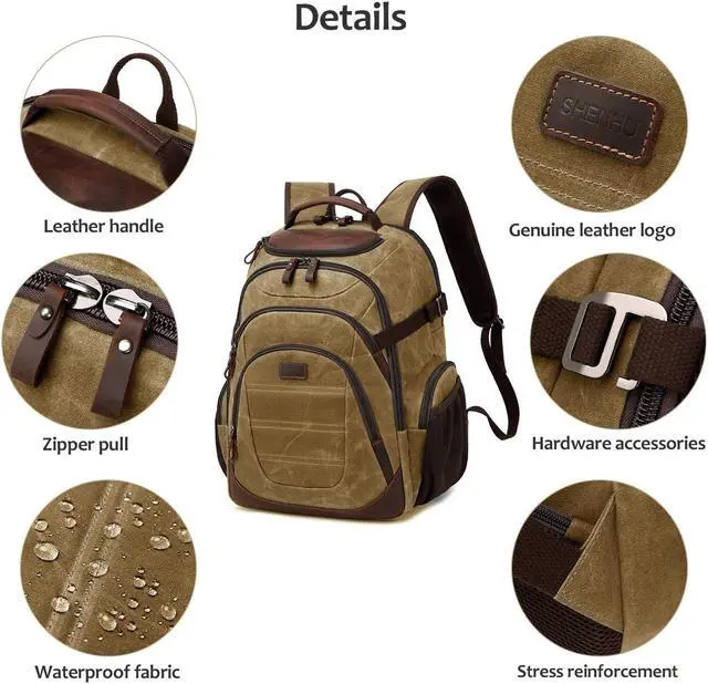 Alt view image 5 of 5 - SHENHU Travel Laptop Backpack 17.3 inch XL Computer Backpack for Men Waxed Canvas College Daypack Business Backpack Brown