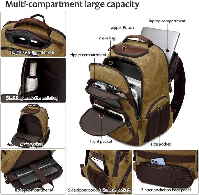 Alt view image 3 of 5 - SHENHU Travel Laptop Backpack 17.3 inch XL Computer Backpack for Men Waxed Canvas College Daypack Business Backpack Brown