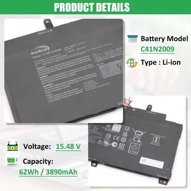 Alt view image 2 of 5 - RHKRKQN C41N2009 Laptop Battery Replacement for Asus ROG Flow X13 GV301 GV301QC GV301QE GV301QH GV301RA GV301RC GV301RE PV301 PV301QH Series B200-03850000 15.48V 62Wh