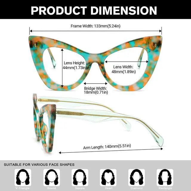 Alt view image 5 of 5 - Zeelool Blue Light Blocking Glasses, Acetate Cat Eye Frame Glasses for Women Eyeglasses with Clear Lenses Anti Eyestrain & UV from Computer/TV/Phone ZJGA354576-03B Green-Tortoise