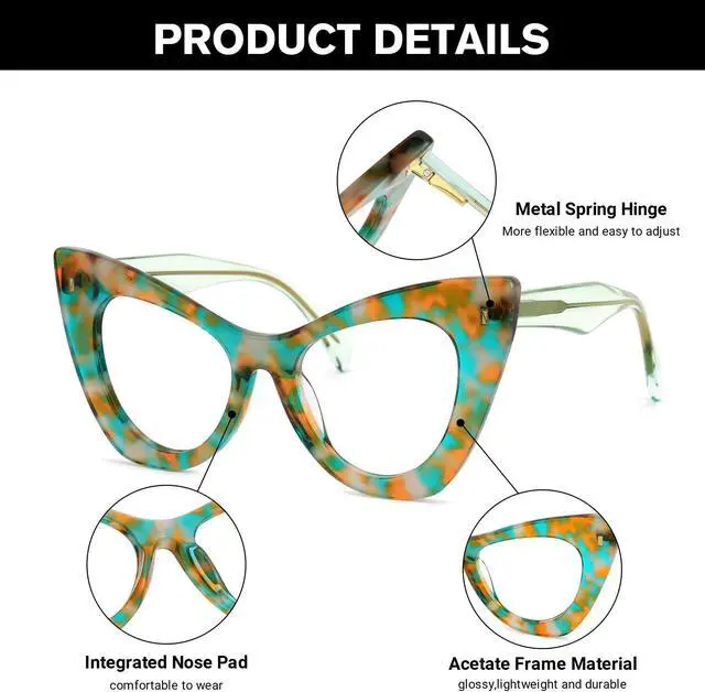 Alt view image 4 of 5 - Zeelool Blue Light Blocking Glasses, Acetate Cat Eye Frame Glasses for Women Eyeglasses with Clear Lenses Anti Eyestrain & UV from Computer/TV/Phone ZJGA354576-03B Green-Tortoise