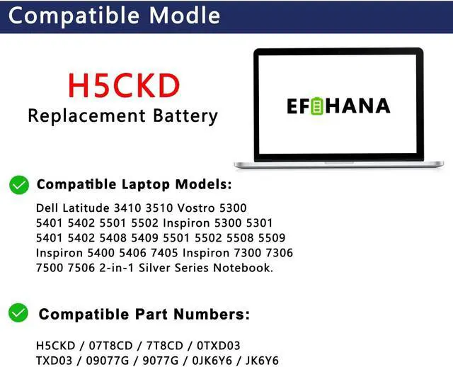 Alt view image 5 of 5 - 53Wh H5CKD Laptop Battery for Dell Latitude 3410 3510 Vostro 5300 5301 5401 5501 5402 Inspiron 5300 5401 5408 5409 5501 5508 5400 5406 5509 7405 7300 7500 7306 7405 7506 2-in-1 Silver Edition 7T8CD
